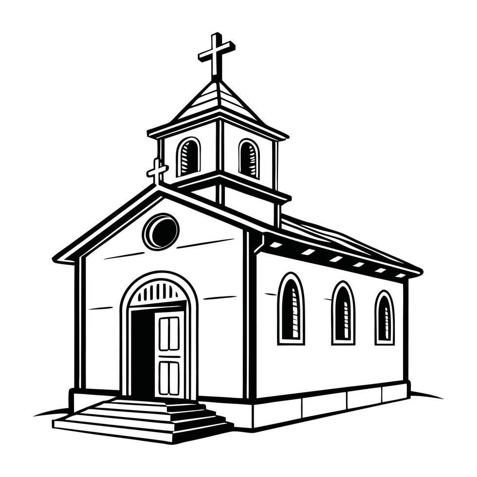 A stylized, black and white illustration of a small church. vector