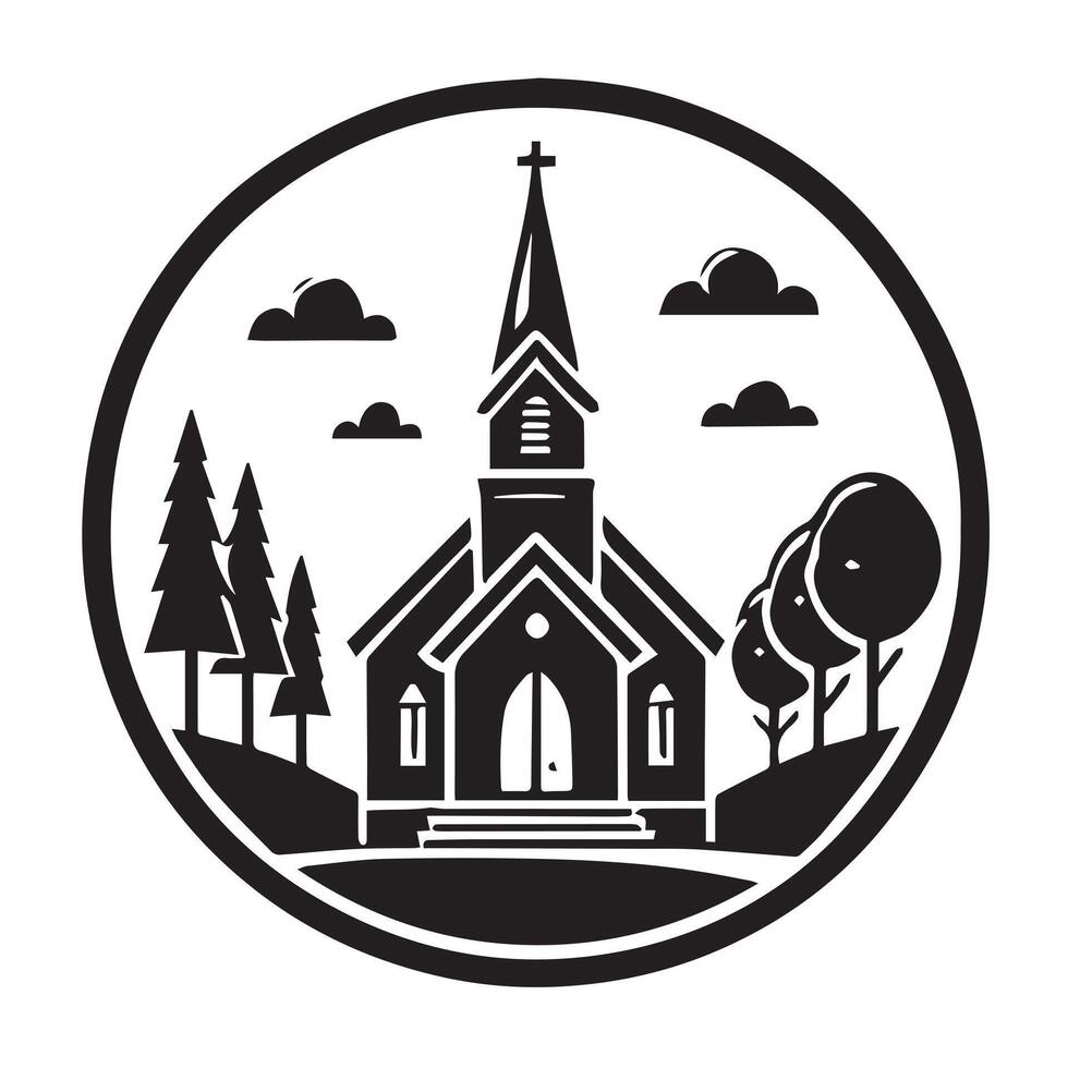 This is a simple, black and white silhouette illustration of a small church. vector