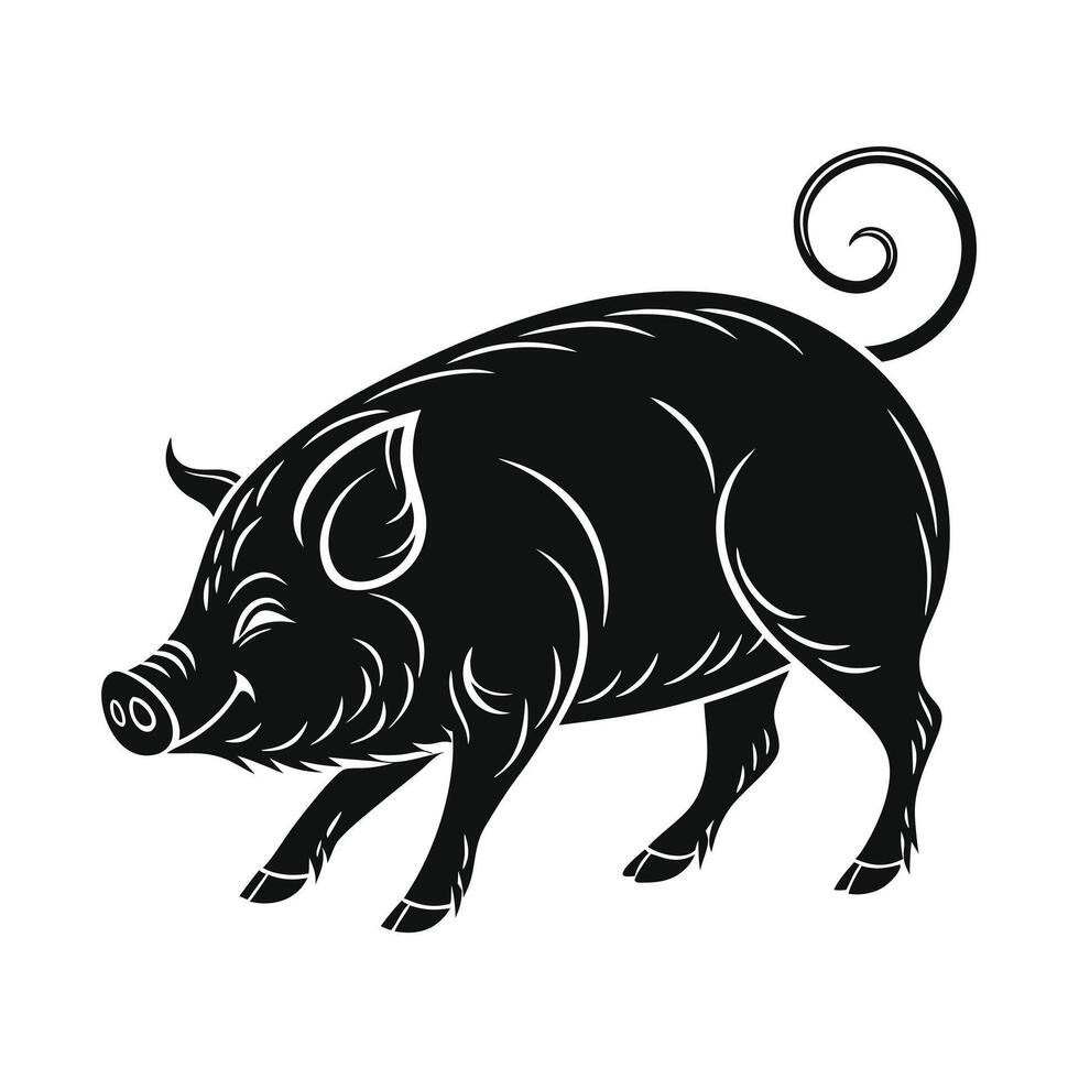 A cheerful, cartoon pig in grayscale, depicted from a slightly angled perspective. vector