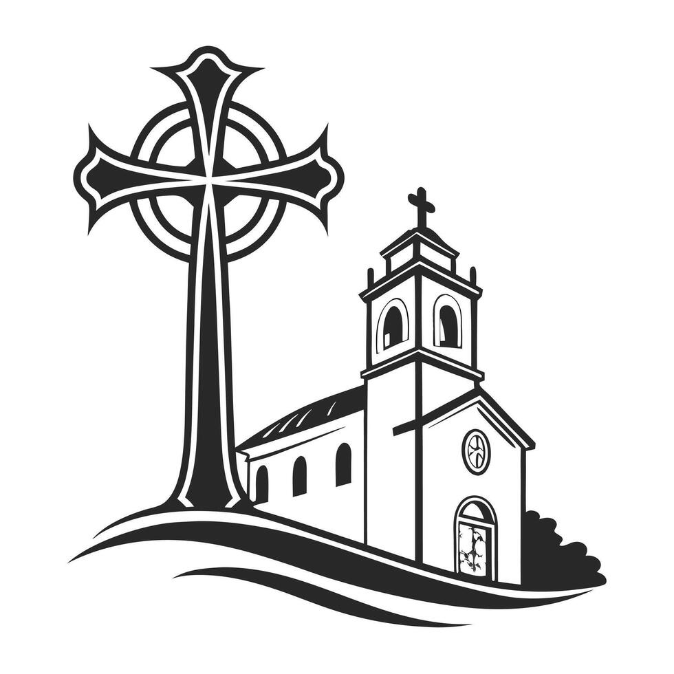 A classic, black and white illustration of a quaint little church. vector