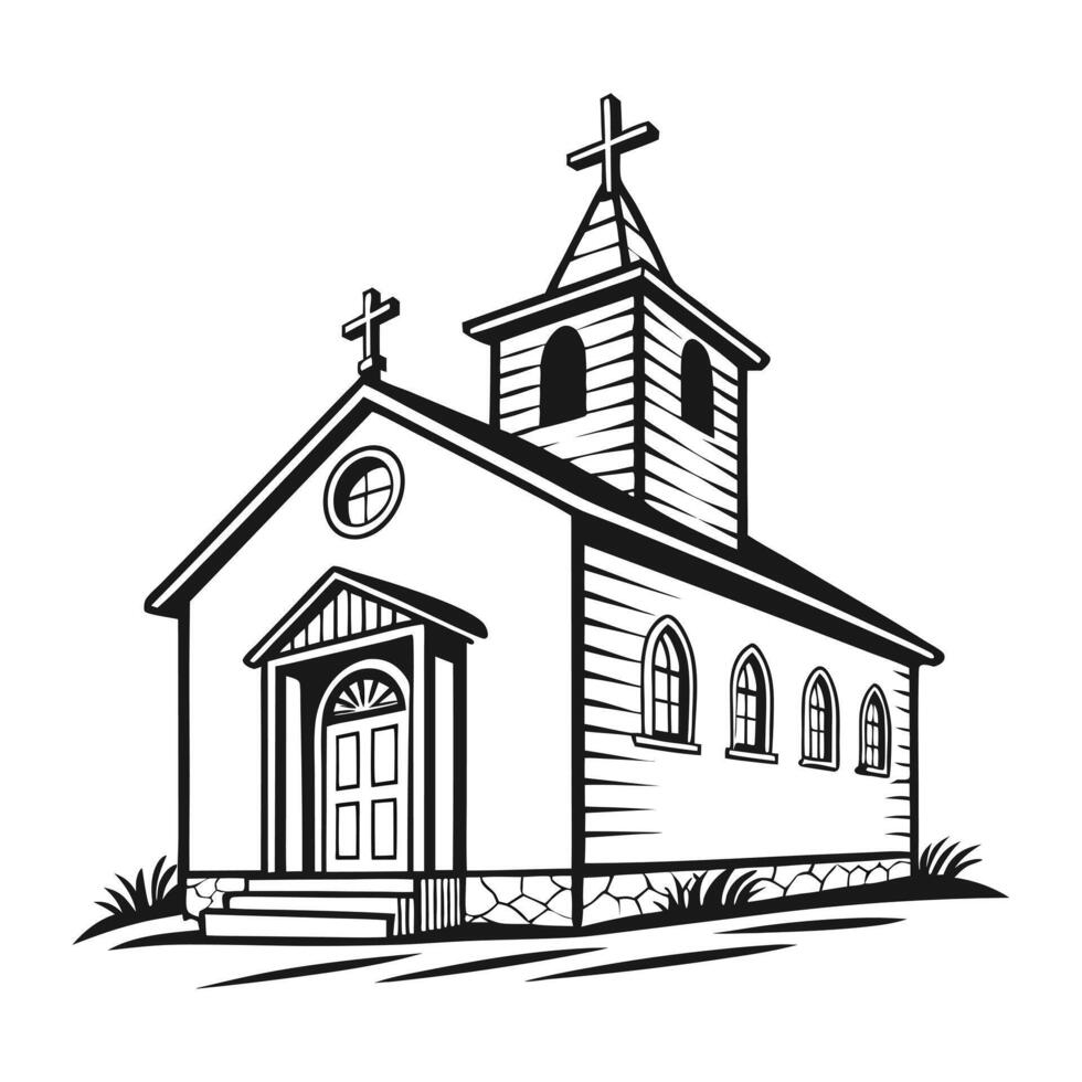 black and white illustration of a church and Celtic cross vector