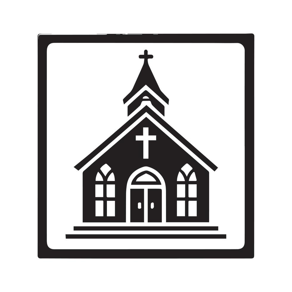 A stylized, black and white graphic design of a church building. vector
