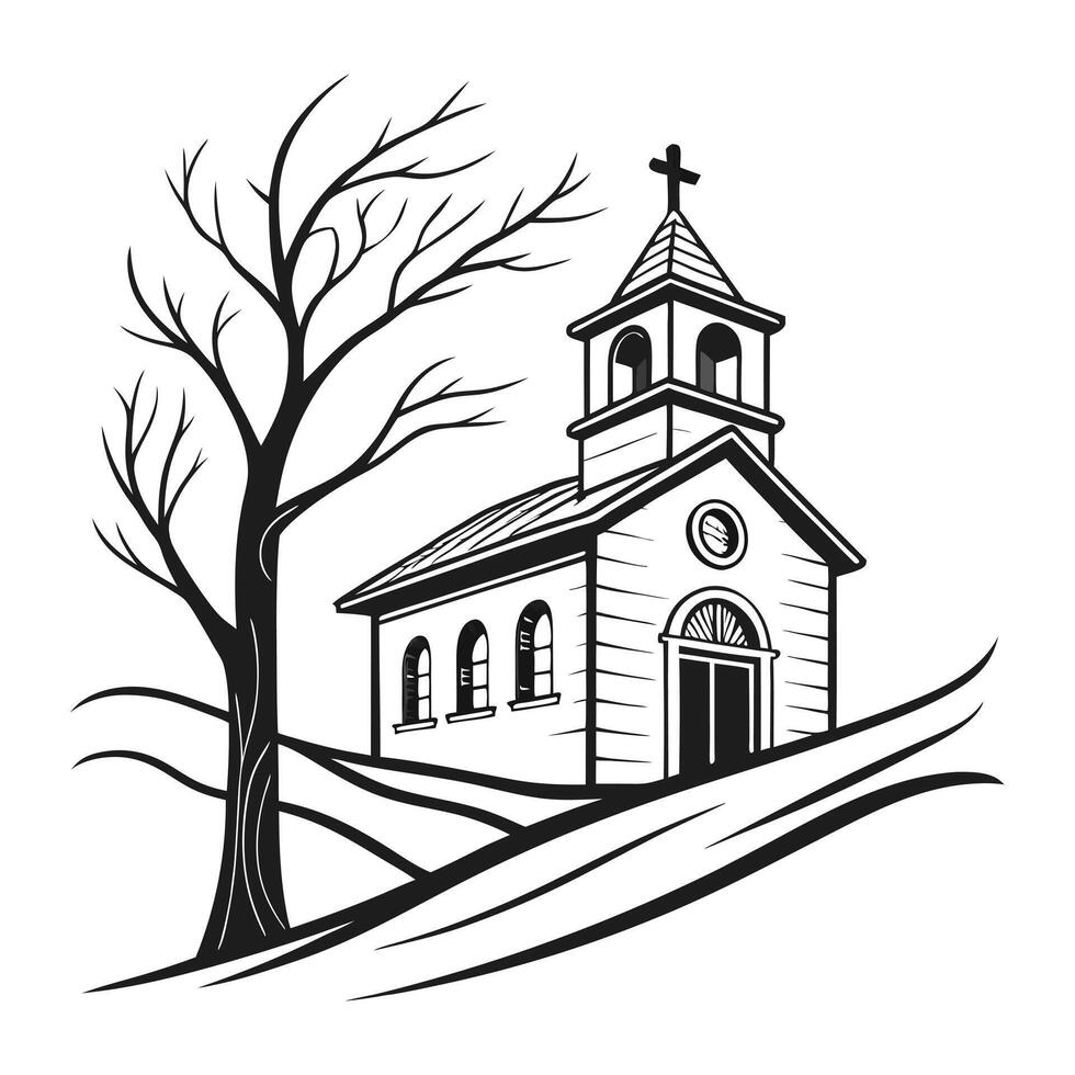 Simple Black and White Illustration of a Classic Church Building vector