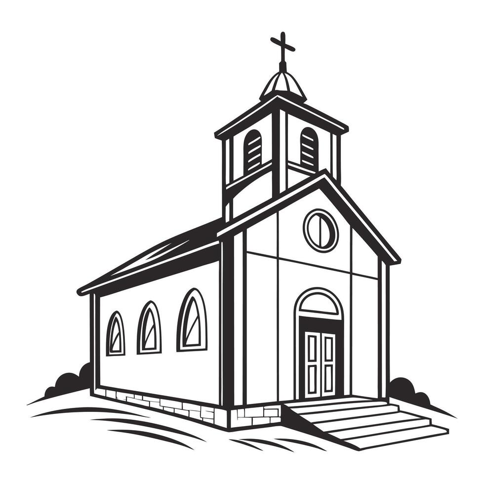 stylized, black and white illustration of a small church. vector