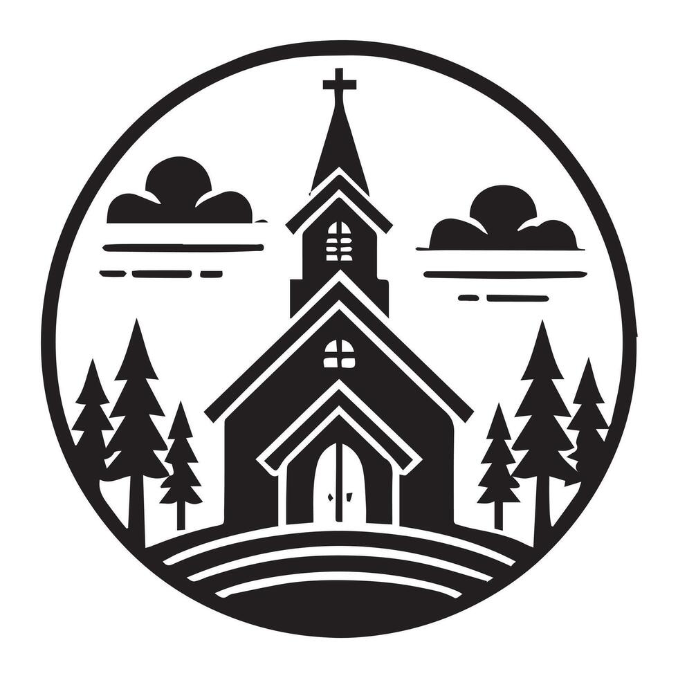 A stylized, black and white, graphic illustration of a small church building. vector