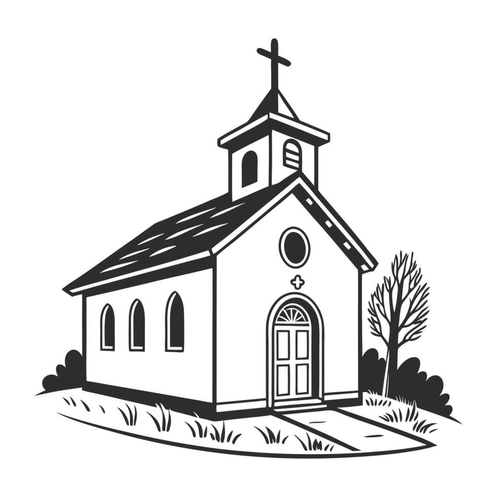 Simple Black and White Illustration of a Small Country Church vector