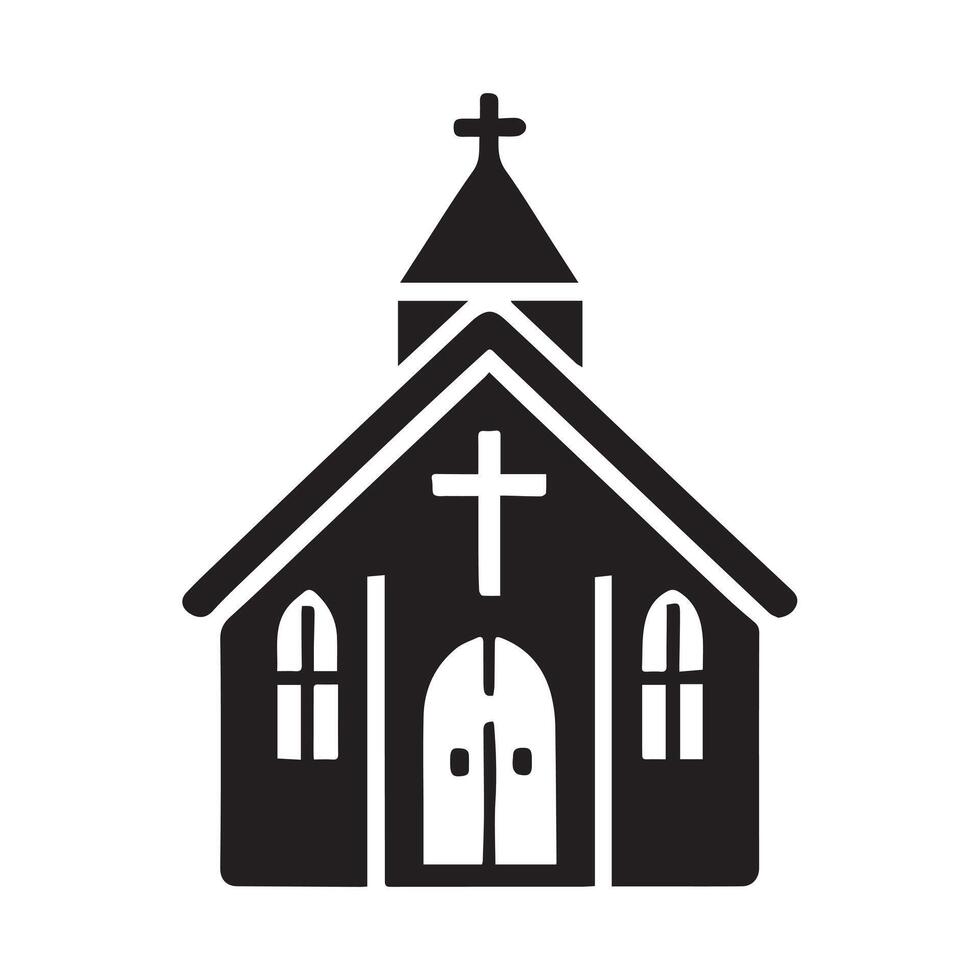 silhouette of a small country church nestled on a hill at night, under a crescent moon. vector