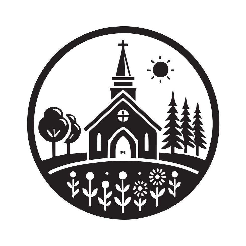 A stylized, black and white graphic of a church building enclosed within a circle. vector