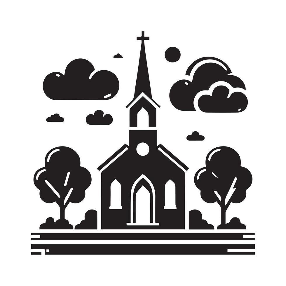 This is a clean, stylized, black and white silhouette of a church. vector