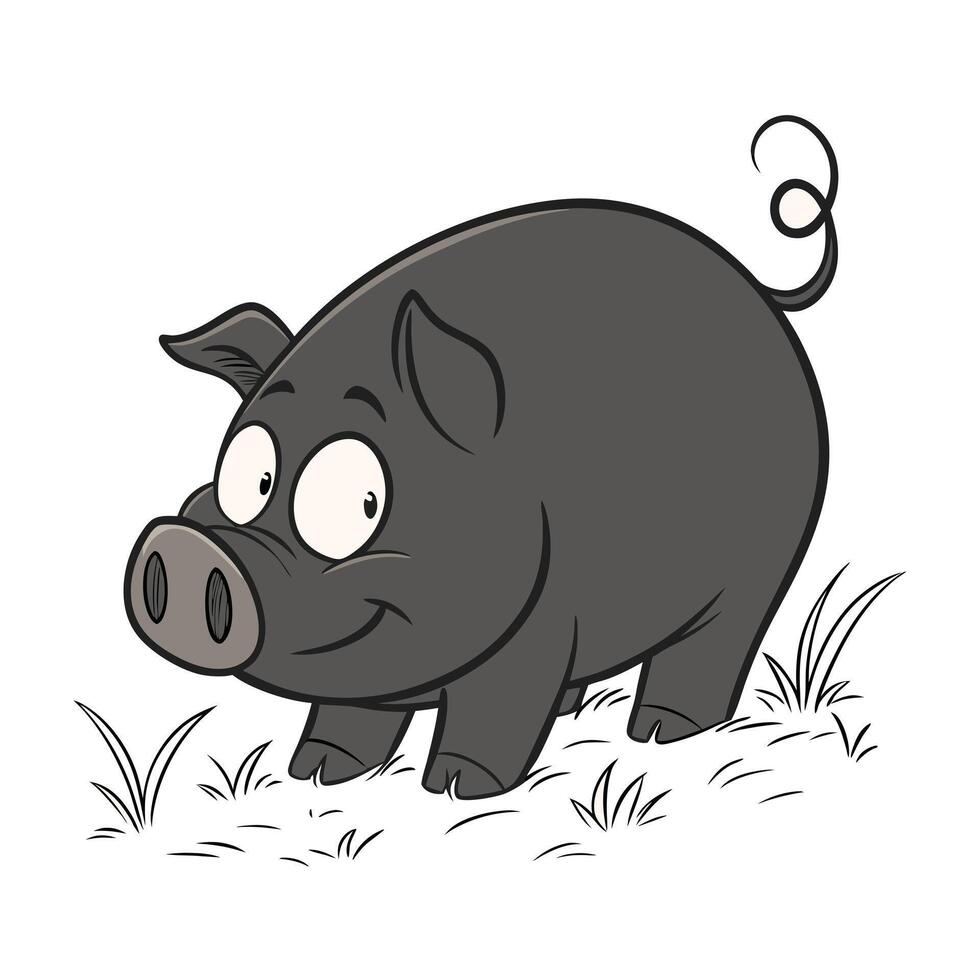 Cute black pig in a grassy field. vector