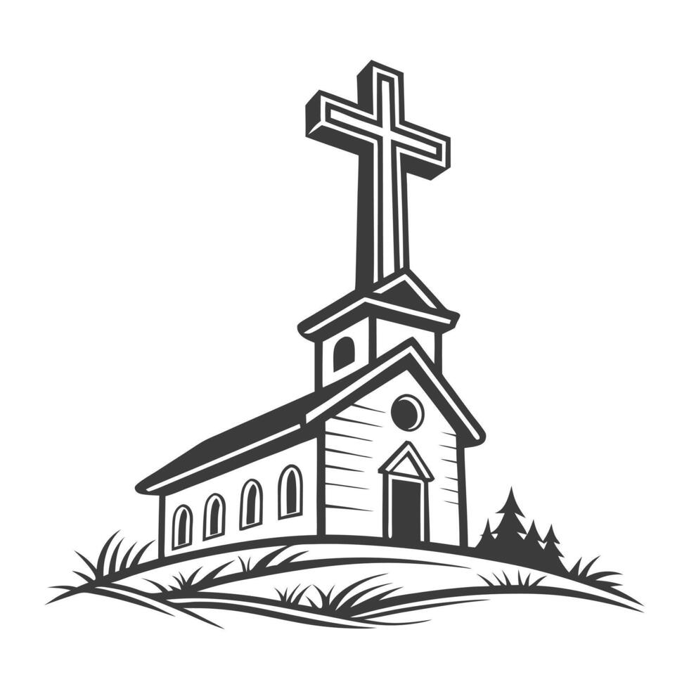Elegant black and white illustration of a church on a hilltop. vector