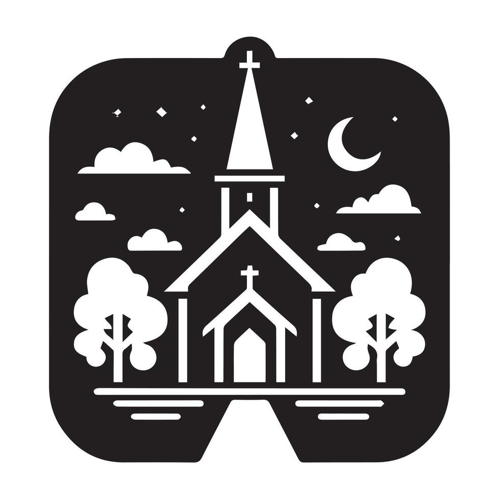 A stylized, black and white illustration of a charming country church nestled within a peaceful landscape. vector