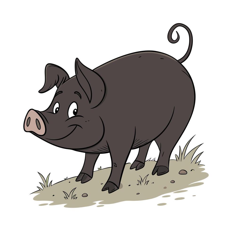 A cheerful, cartoon pig is depicted walking on a simple dirt path. vector