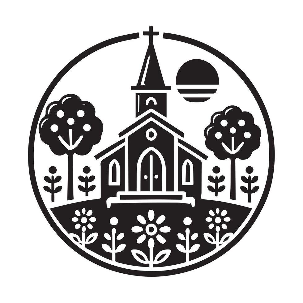 This elegant black and white vctor graphic showcases a stylized Christian cross within a circular frame adorned with ornate floral and leaf patterns. vector