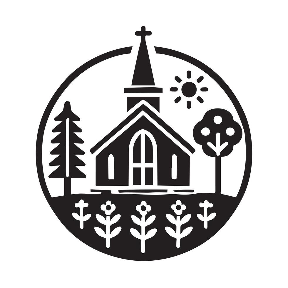 A stylized, black and white silhouette of a church building, centrally located within a circular emblem. vector