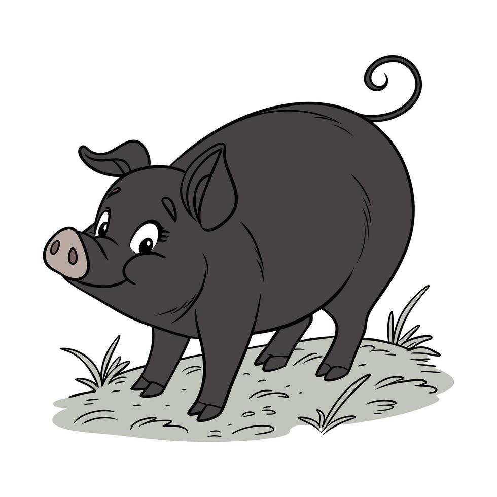 A cheerful cartoon pig, depicted in a simple, stylized way, stands on a light beige ground. vector