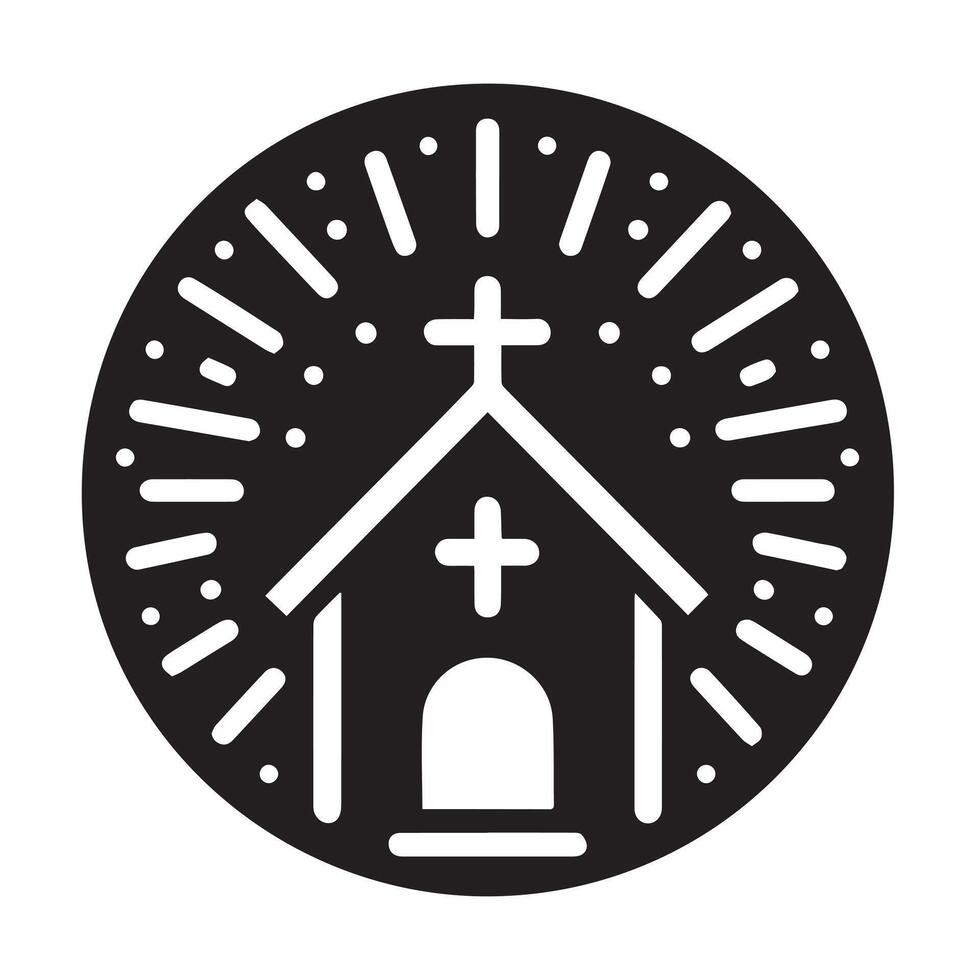 A stylized, black and white illustration of a small church on a gently sloping piece of land. vector