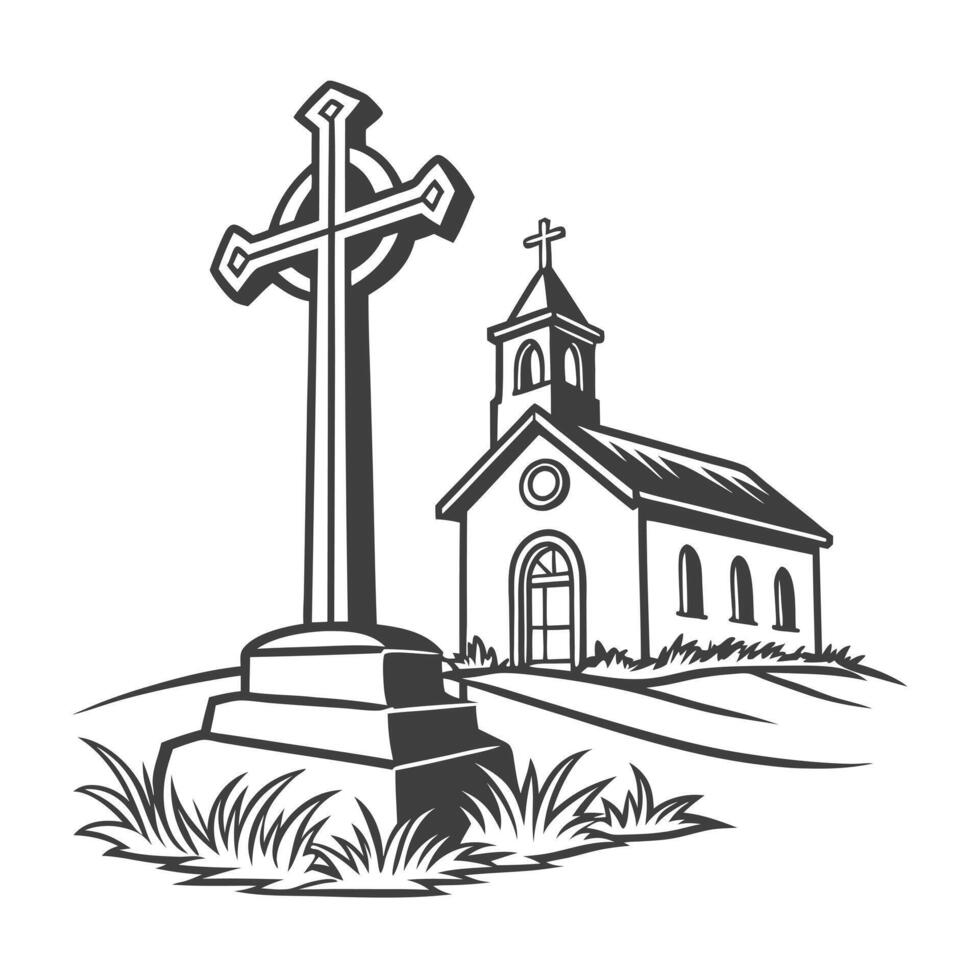 stylized, black and white illustration of a church. vector