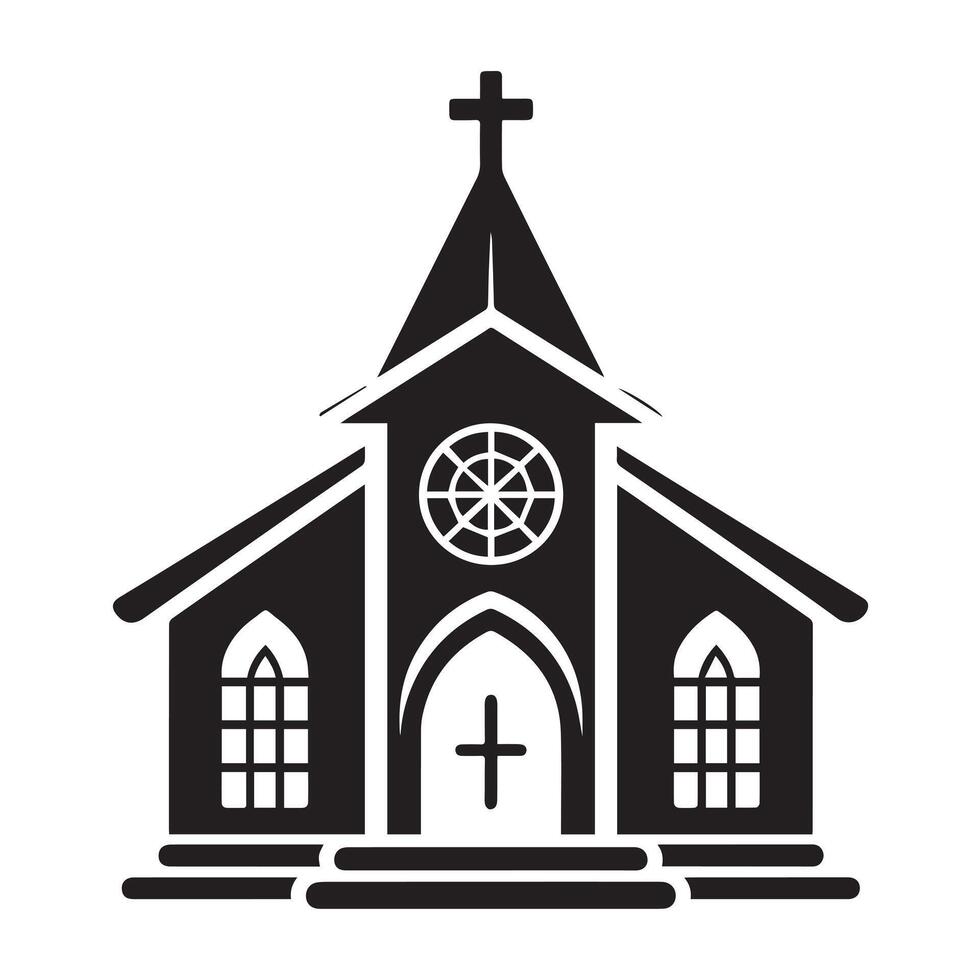 This is a black and white, silhouette illustration of a church building. vector