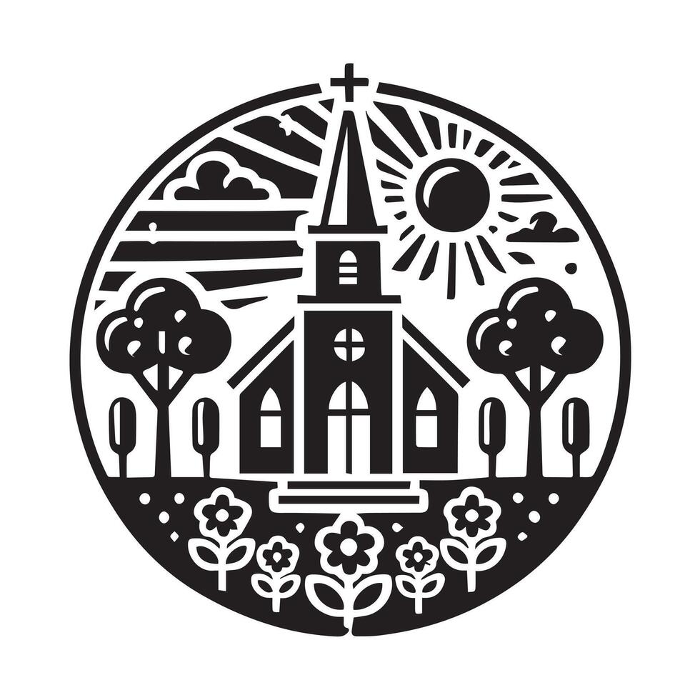 A classic, simple silhouette of a church building, enclosed within a circle. vector