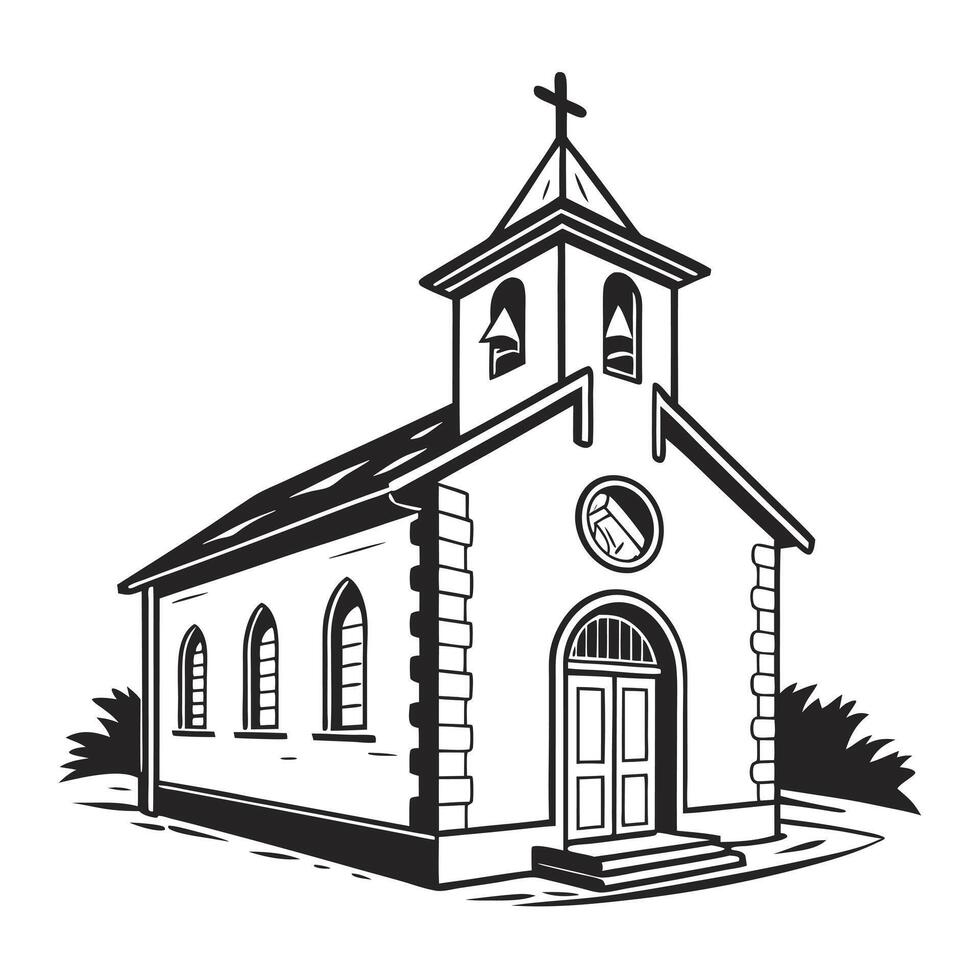 This image presents a classic, simple, black and white silhouette of a small church. vector