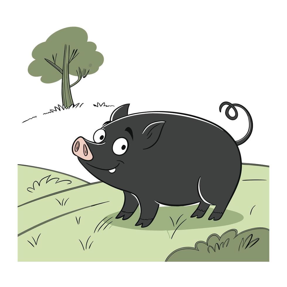 A charming illustration of a black pig standing amidst a field of grass. vector