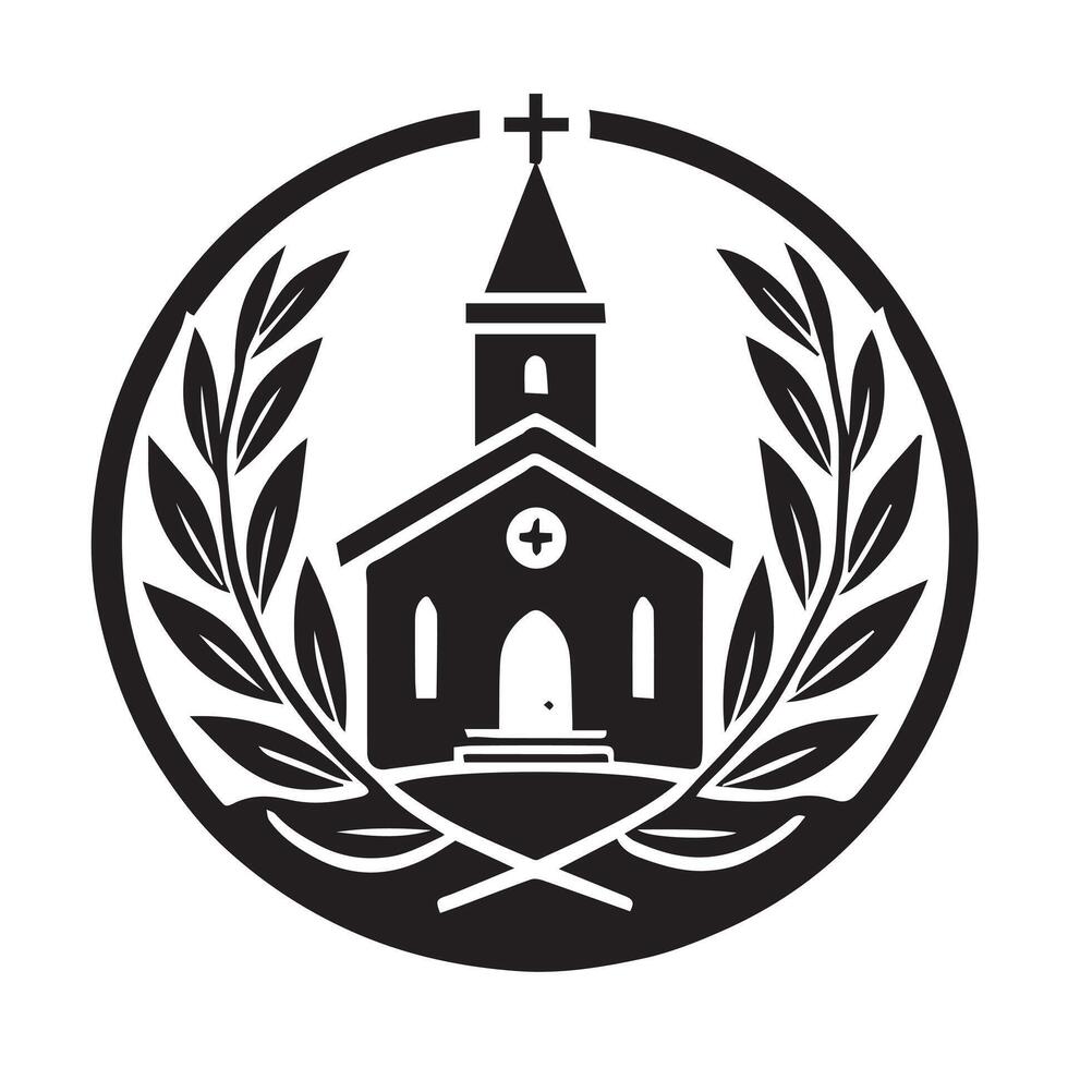 Simple Black and White Church Silhouette in Circle vector