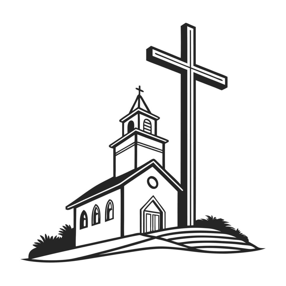 black and white line art of a church steeple and cross. vector