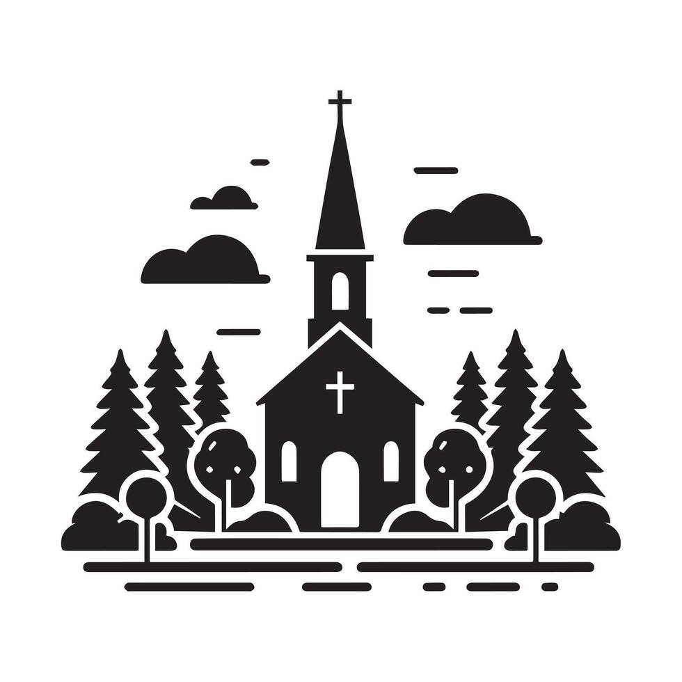 Simple Silhouette of a Church in a Peaceful Mountain Setting vector