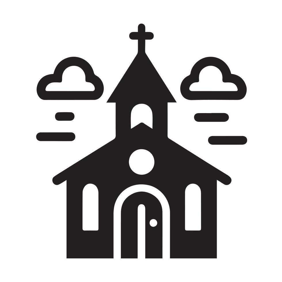 This is a stylized, black and white vctor graphic of a church building encircled by a laurel wreath vector