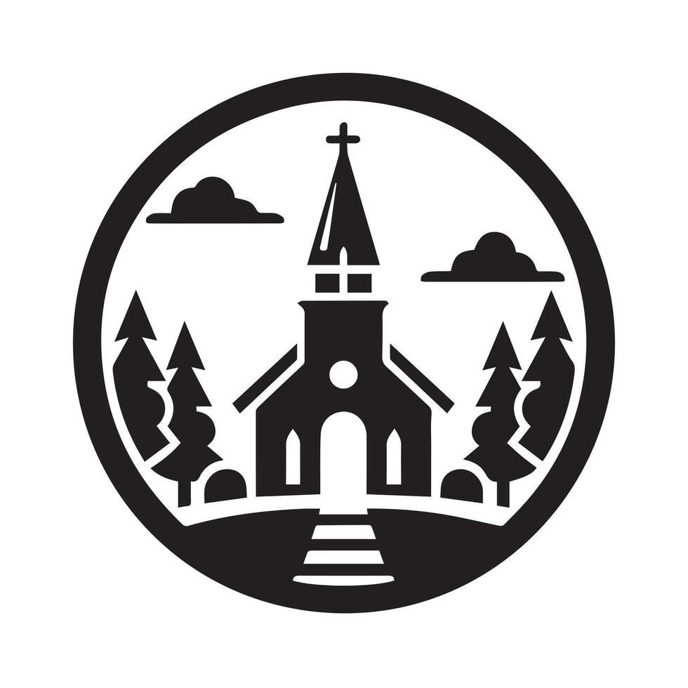 stylized, black and white icon of a church. vector