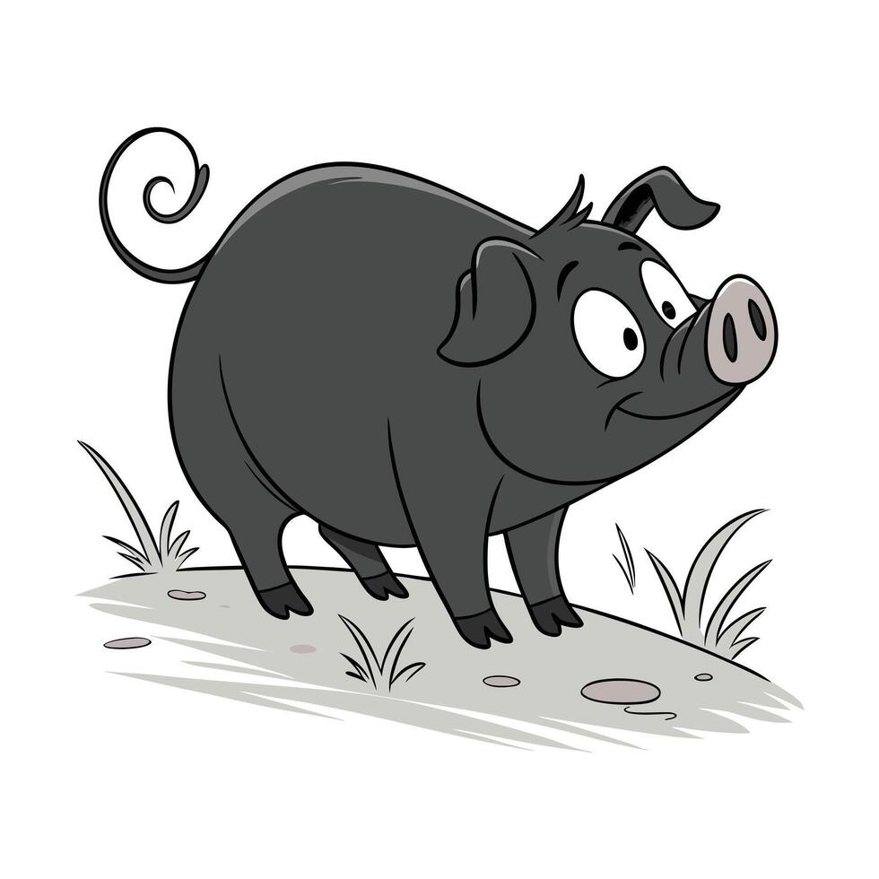 A cheerful, cartoon depiction of a black pig. vector