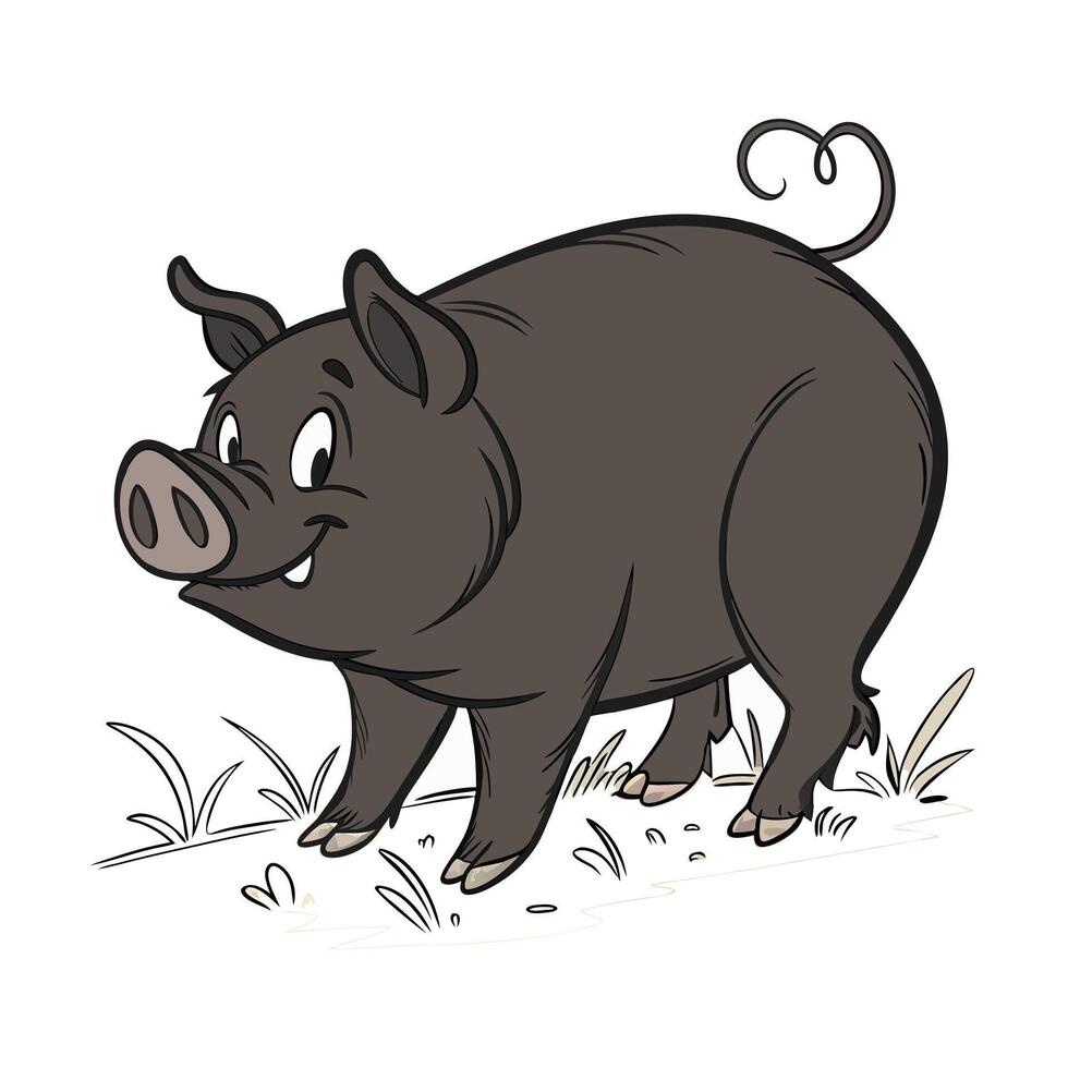 Cute Cartoon Pig in a Grassy Meadow vector