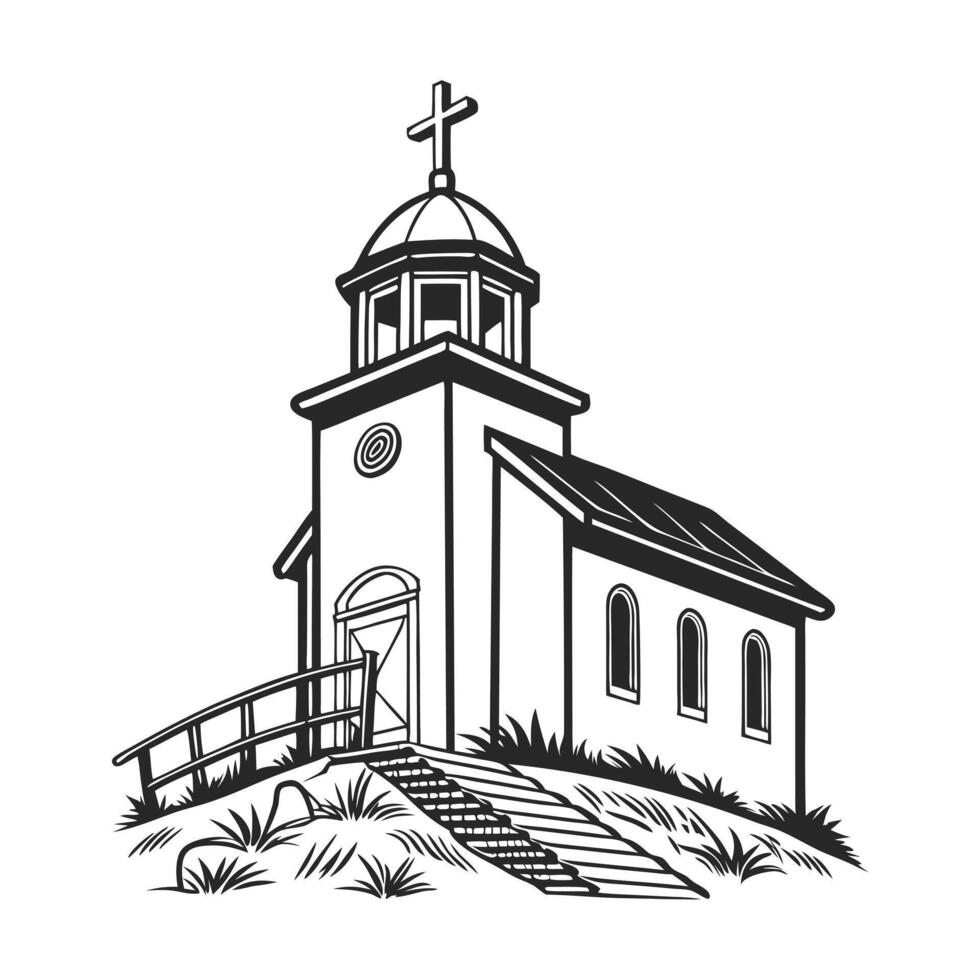 Black and White Illustration of a Small Church on a Hill vector