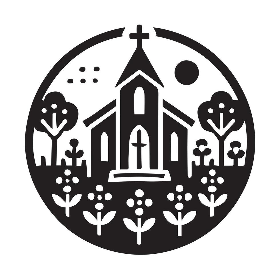 A simple, black silhouette of a church building, suitable for representing faith, religion, community, or historical themes. vector