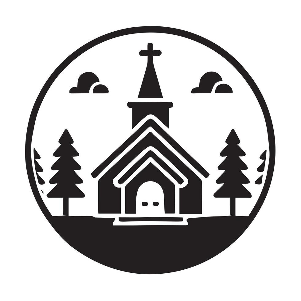 Simple Black and White Church Icon in Circle vector