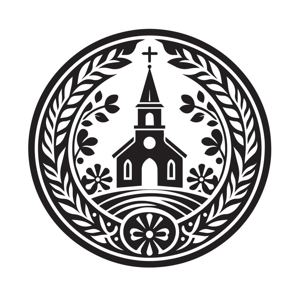 A stylized, black and white graphic of a small church nestled amongst pine trees in a serene, nature-inspired setting. vector