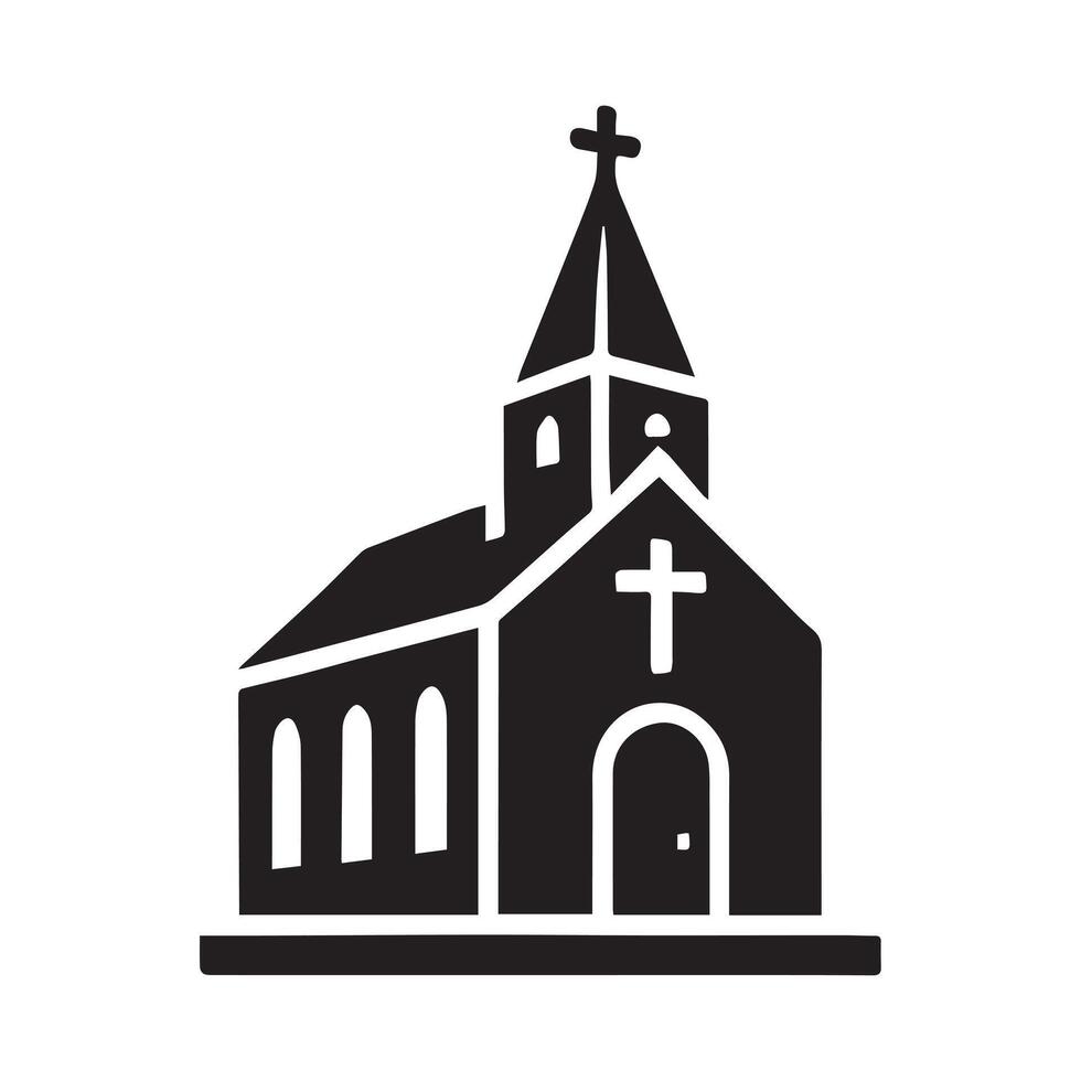 A stylized, black and white silhouette of a small country church nestled on a hill at night, under a crescent moon. vector