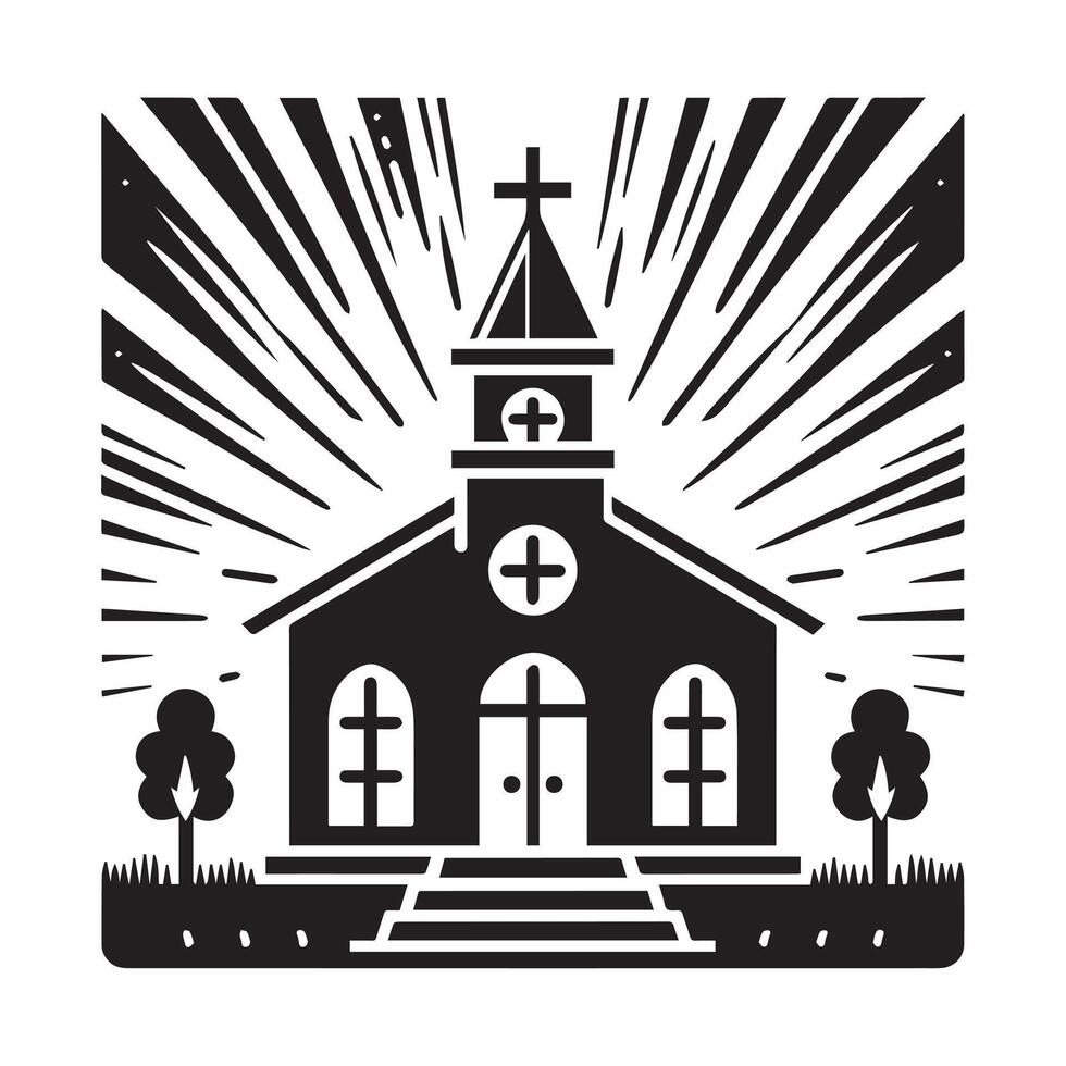 A stylized, black and white graphic of a church building encircled by a laurel wreath. vector