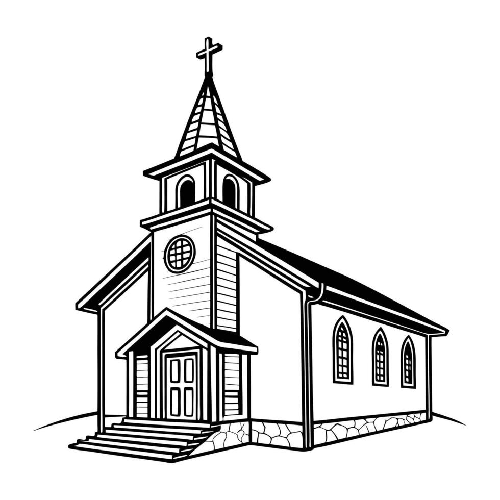 black and white illustration depicts a small church and a large cross, potentially on a hill or in a graveyard. vector