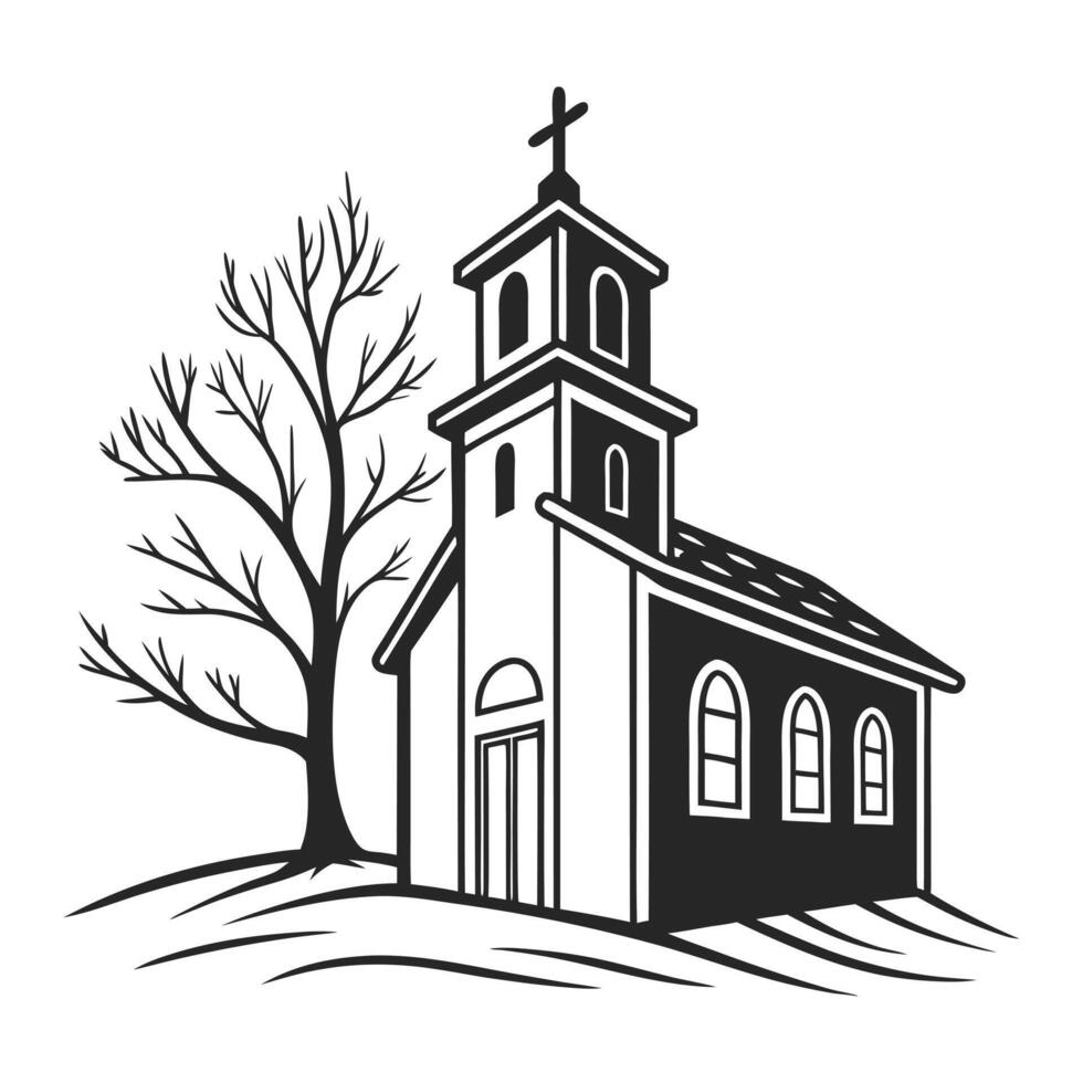 A classic, stylized black and white illustration of a church. vector