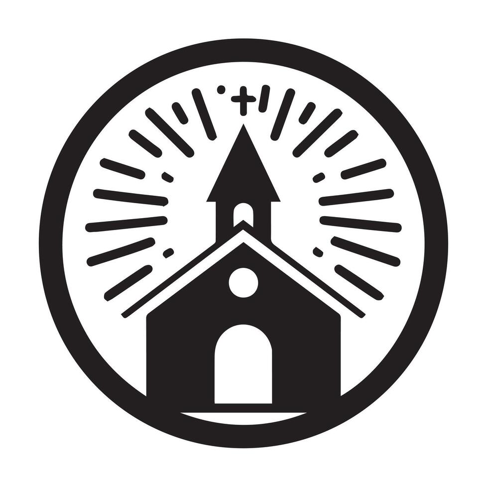 A stylized, black and white graphic illustration of a small church nestled in a peaceful countryside landscape. vector