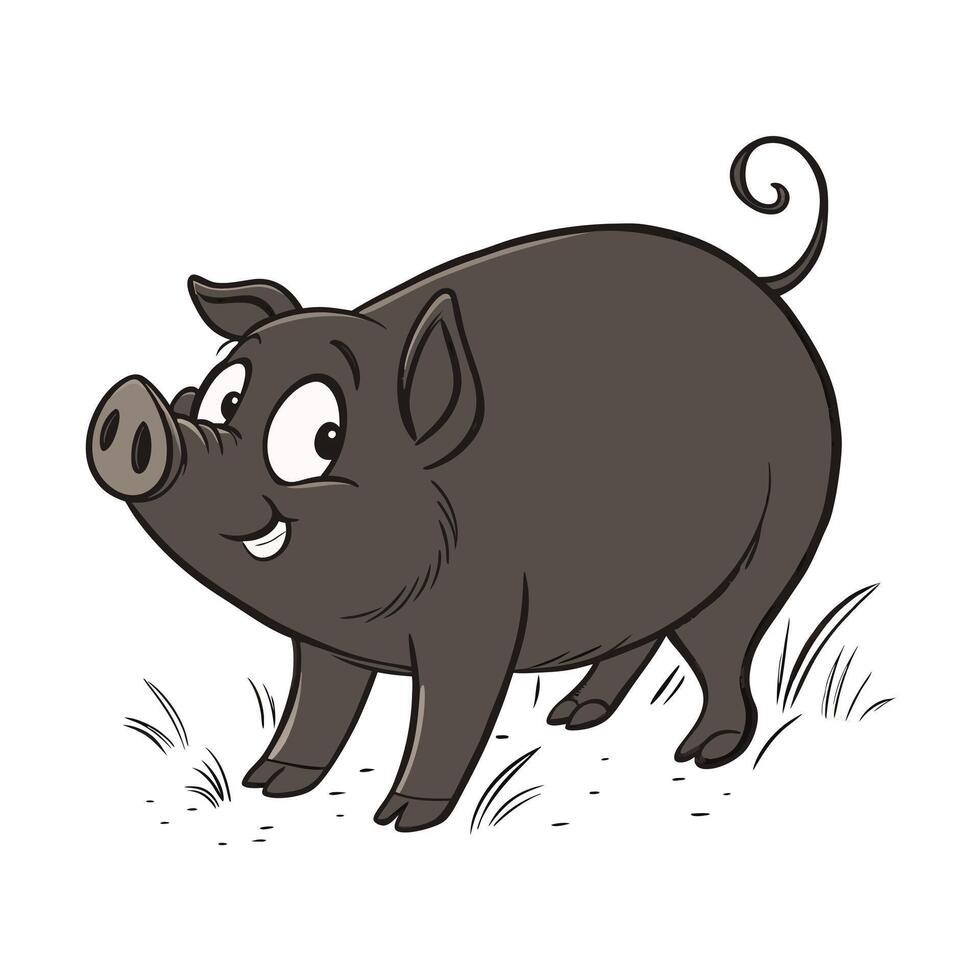 A cheerful, cartoon illustration of a black pig standing in a field of grass. vector