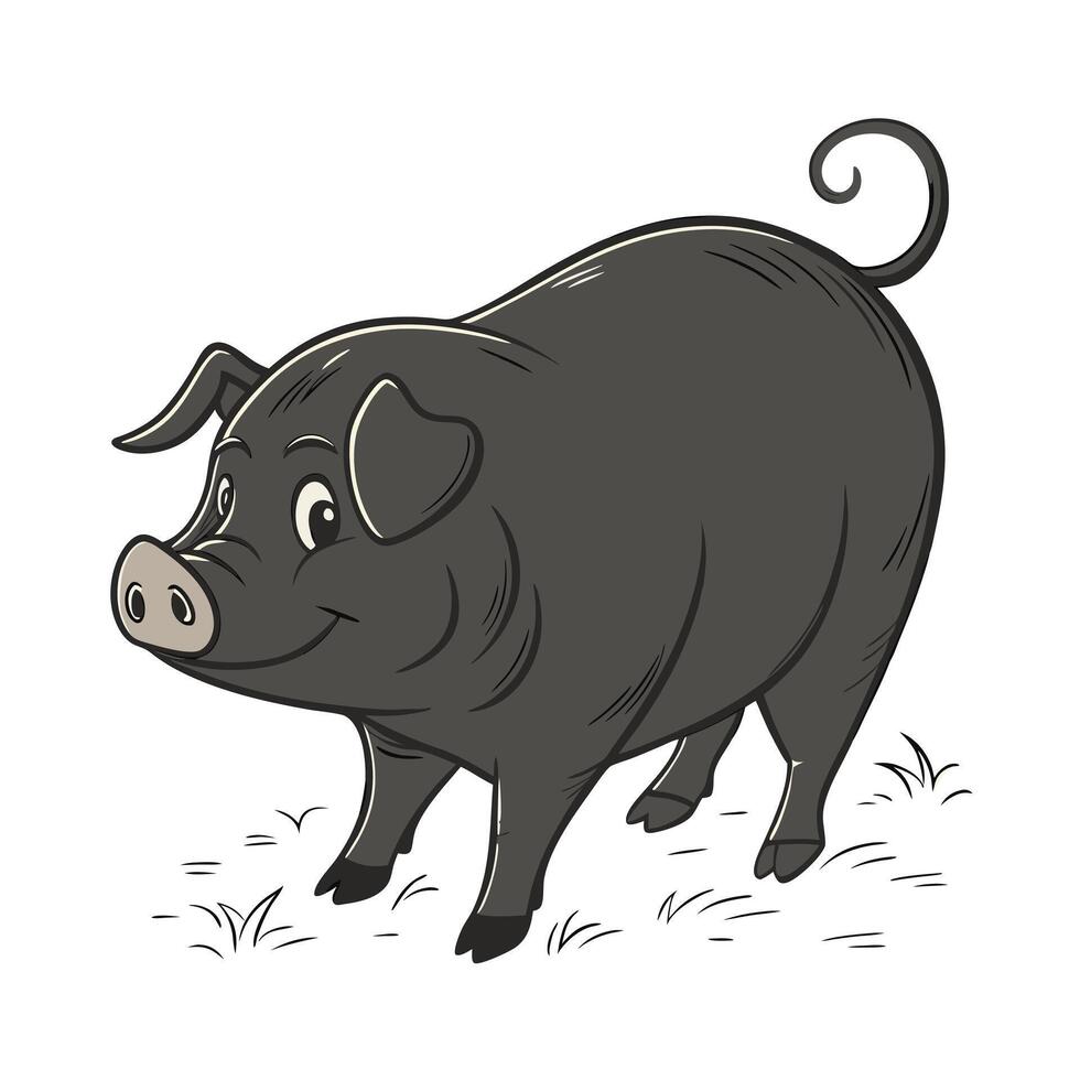 A cheerful, cartoon pig, depicted in grayscale, stands in a simple grassy meadow. vector