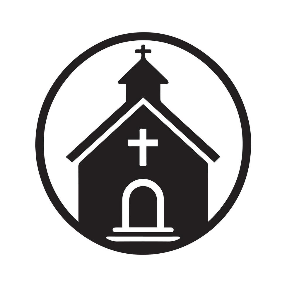Simple black and white illustration of a church in a serene countryside setting. vector