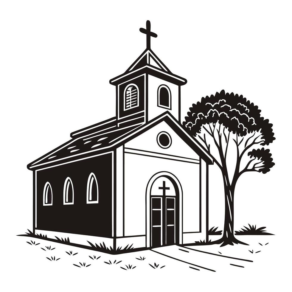 black and white illustration of a rural church and tree. vector