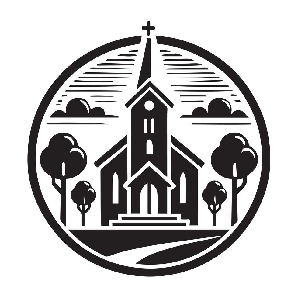 black silhouette of a church building, suitable for representing faith, religion, community, or historical themes. vector