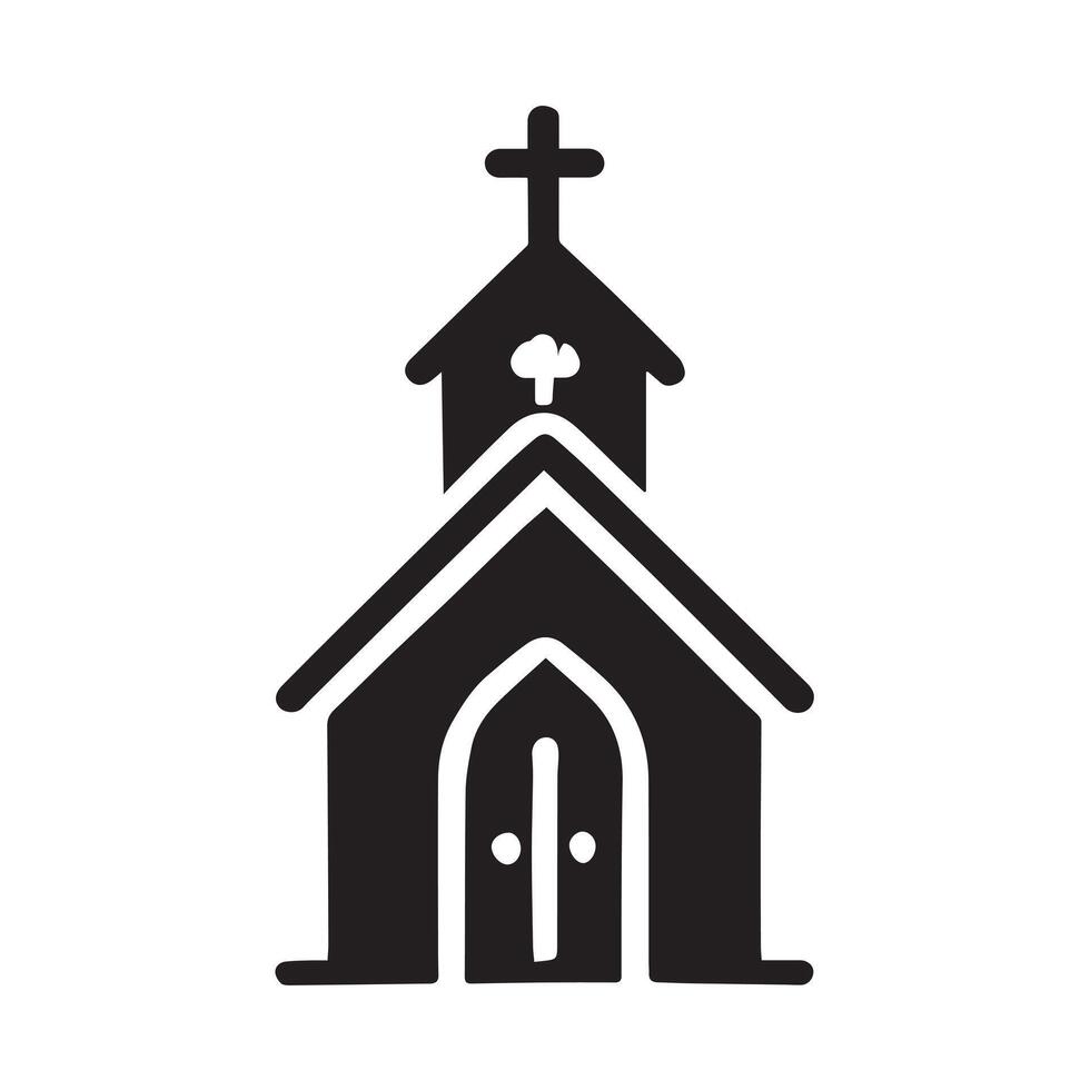 black and white silhouette of a church building, centrally located within a circular emblem. vector