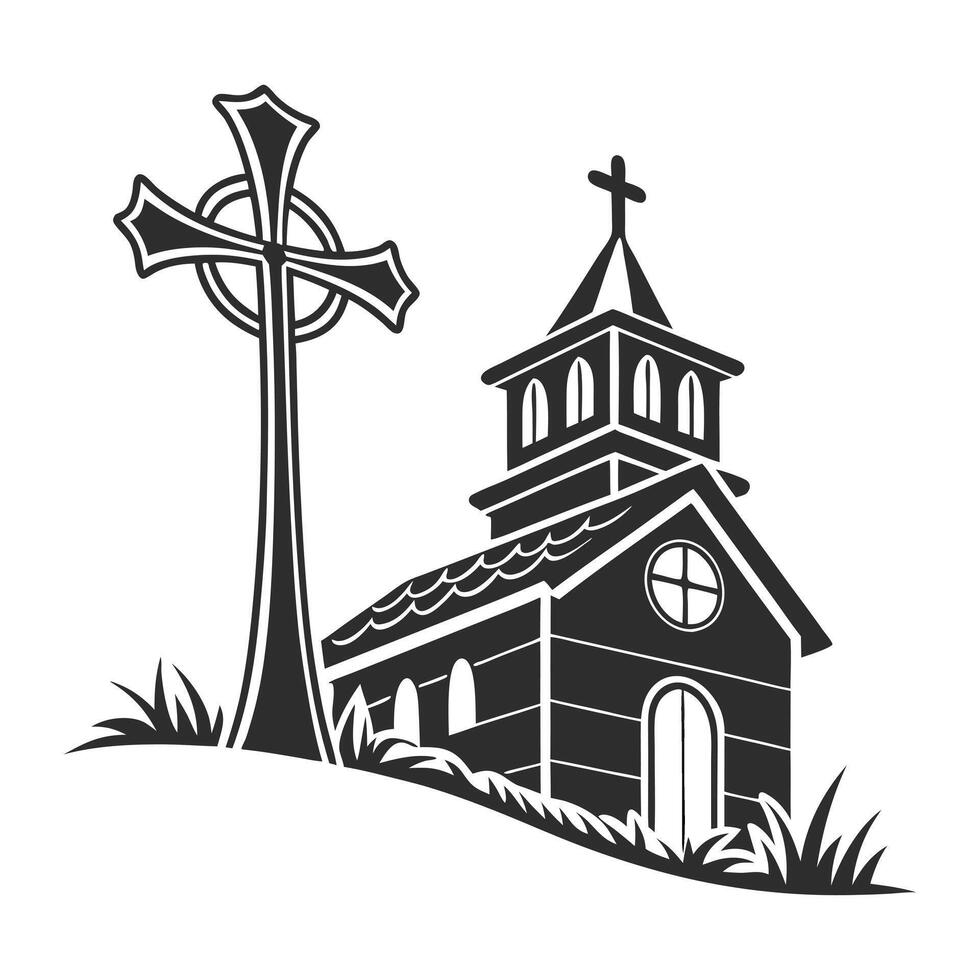 This black and white vctor graphic depicts a classic church building, emphasizing its architectural details. vector