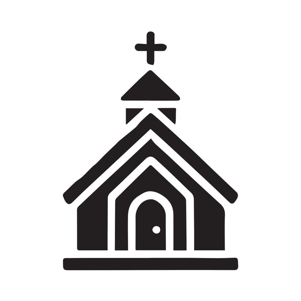 black and white graphic of a church building situated within a circular frame. vector